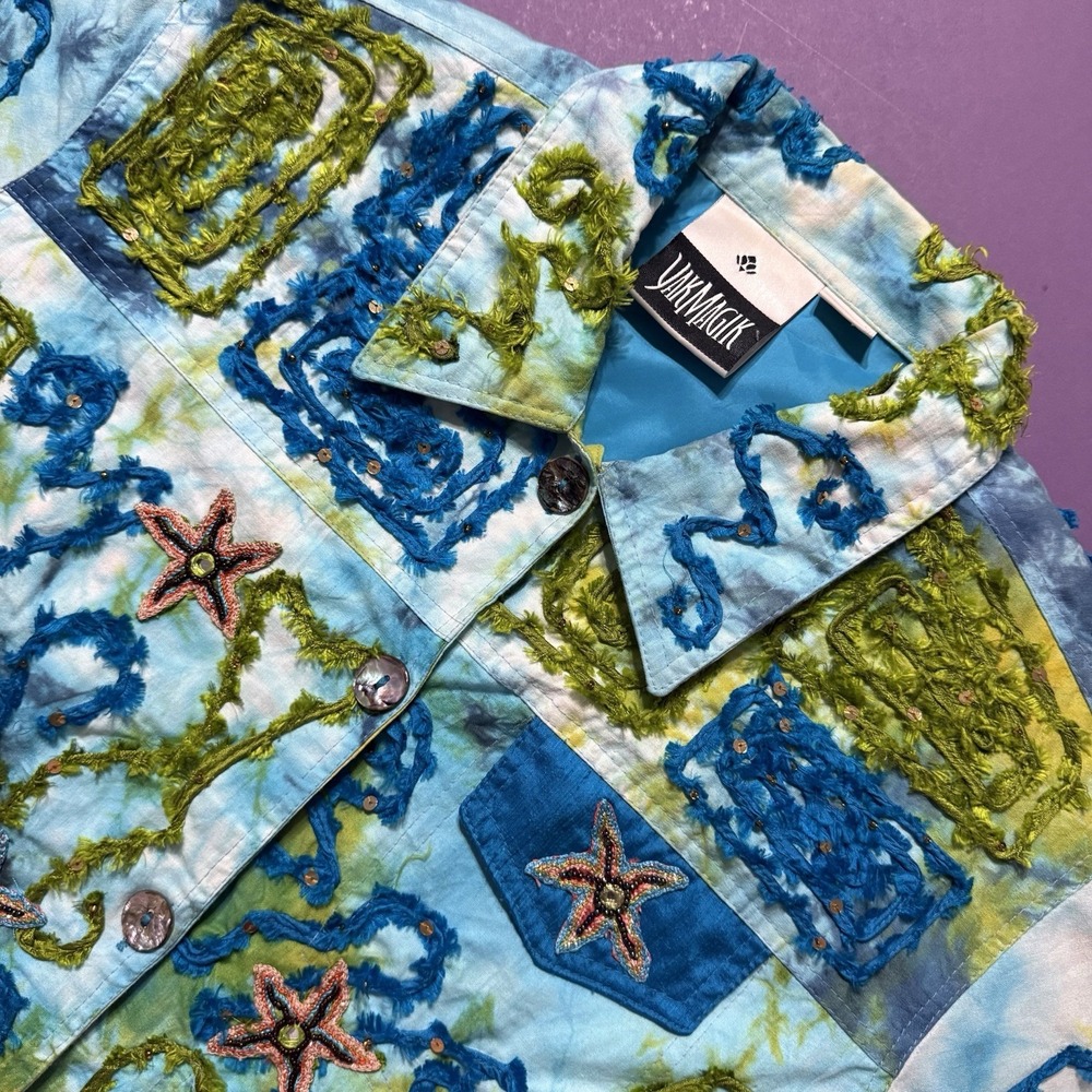 Vintage Yak Magic Blazer Blue Jacket Fish Starfish Cotton Silk Women Size Large